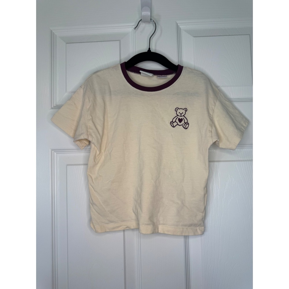 Zara Kids Teddy Bear Embroidered Ringer Tee Cream Burgundy Size 4 Years 104cm